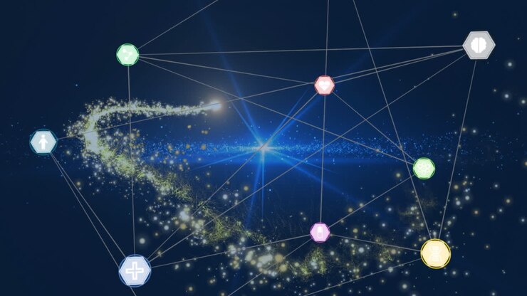Red de iconos digitales sobre estrella fugaz y punto de luz sobre fondo azul