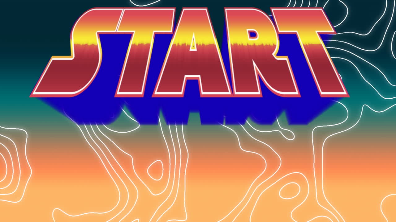 오렌지색과 파란색에 오렌지색과 노란색 텍스트 시작의 애니메이션, 움직이는 윤 ⁇  선 위에