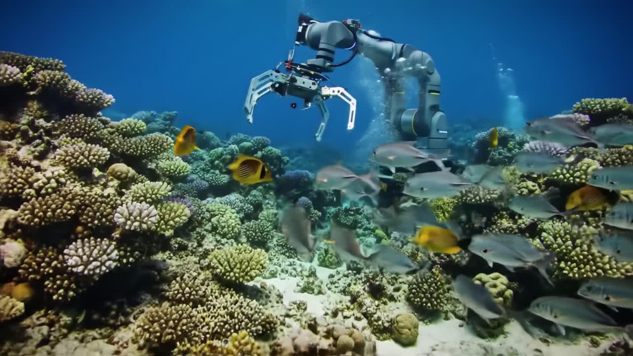 A diver operates a robotic arm near vibrant coral reefs, interacting with various fish species in clear blue water. The underwater environment is rich with marine life, showcasing colorful corals.