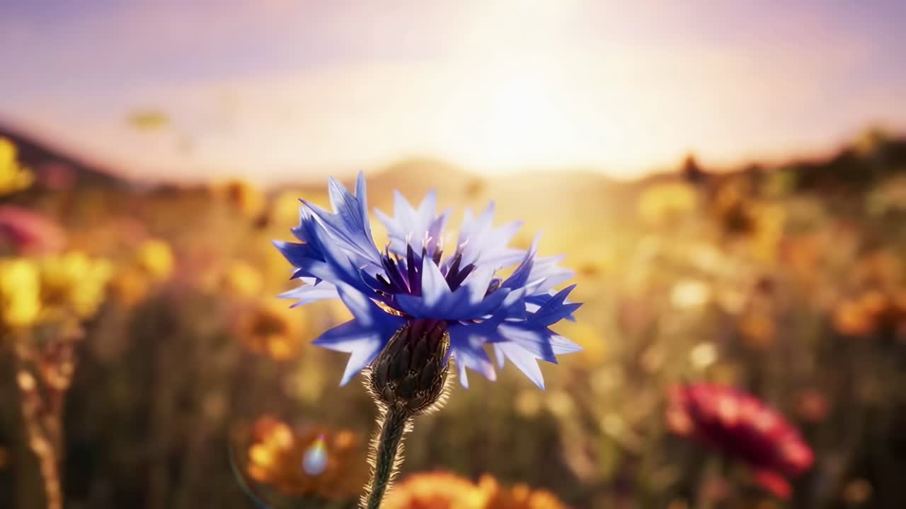 Nærbildevideo av en levende blå blomst på et solfylt jorde, filmet i øyehøyde.
