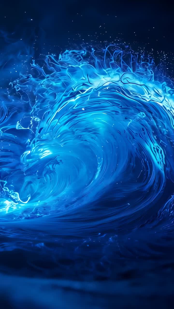 Vertical video: Simulating luminous blue wave curling at sea, evoking nighttime ocean and droplets