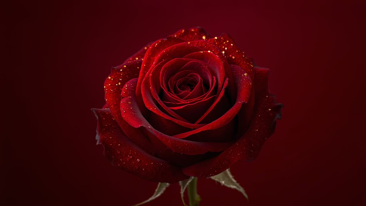 Disegno con camera in zoom che si avvicina a una singola rosa rosso scuro in studio, evidenziando le scintillanti gocce di rugiada