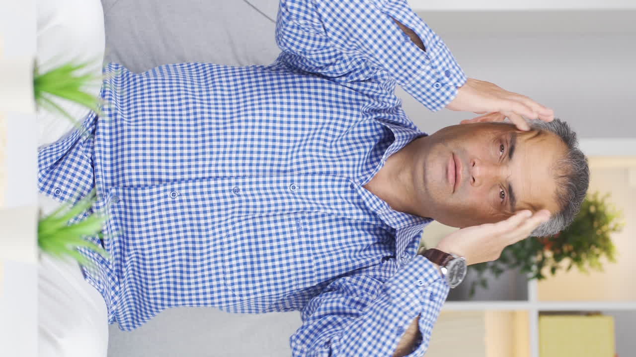 두통이 있는 남자의 수직 비디오.