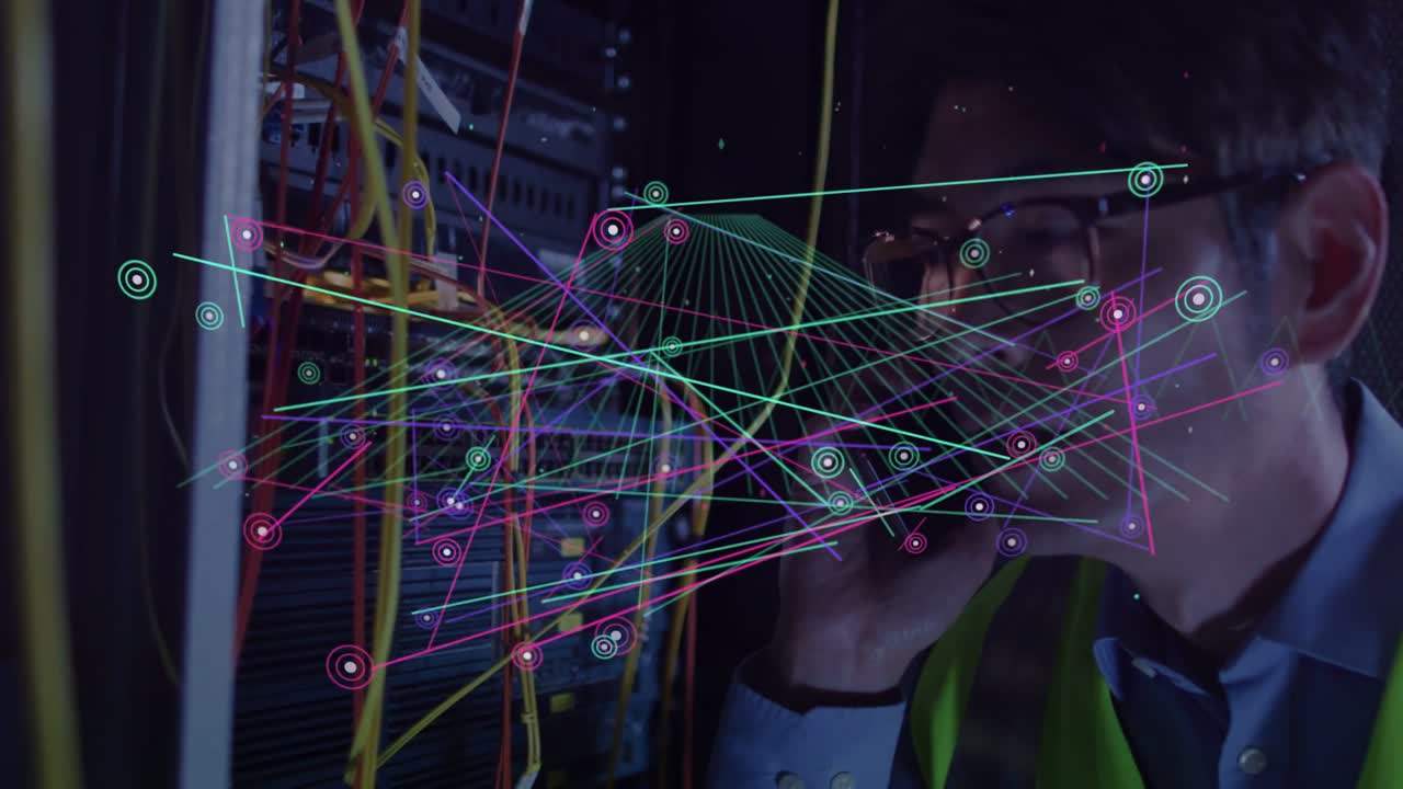 Tech checking rack on call, AR overlay starting and mapping yellow cables for network diagnosis