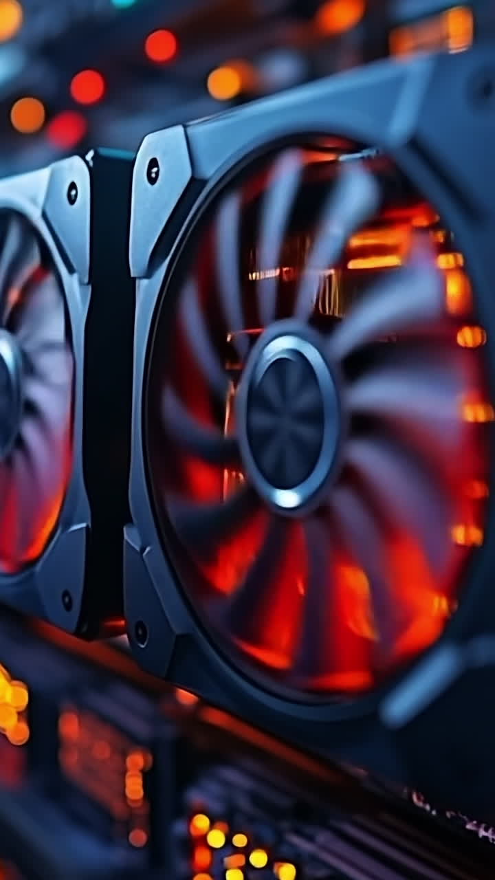 Glowing tech in the dark. Close-up of glowing computer fans in a dim space, highlighting their cooling features and vibrant lights.