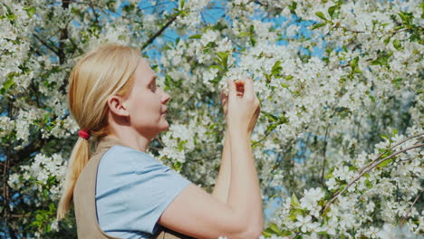 eine junge frau bewundert einen blühenden baum die ankunft des frühlings und der hitze