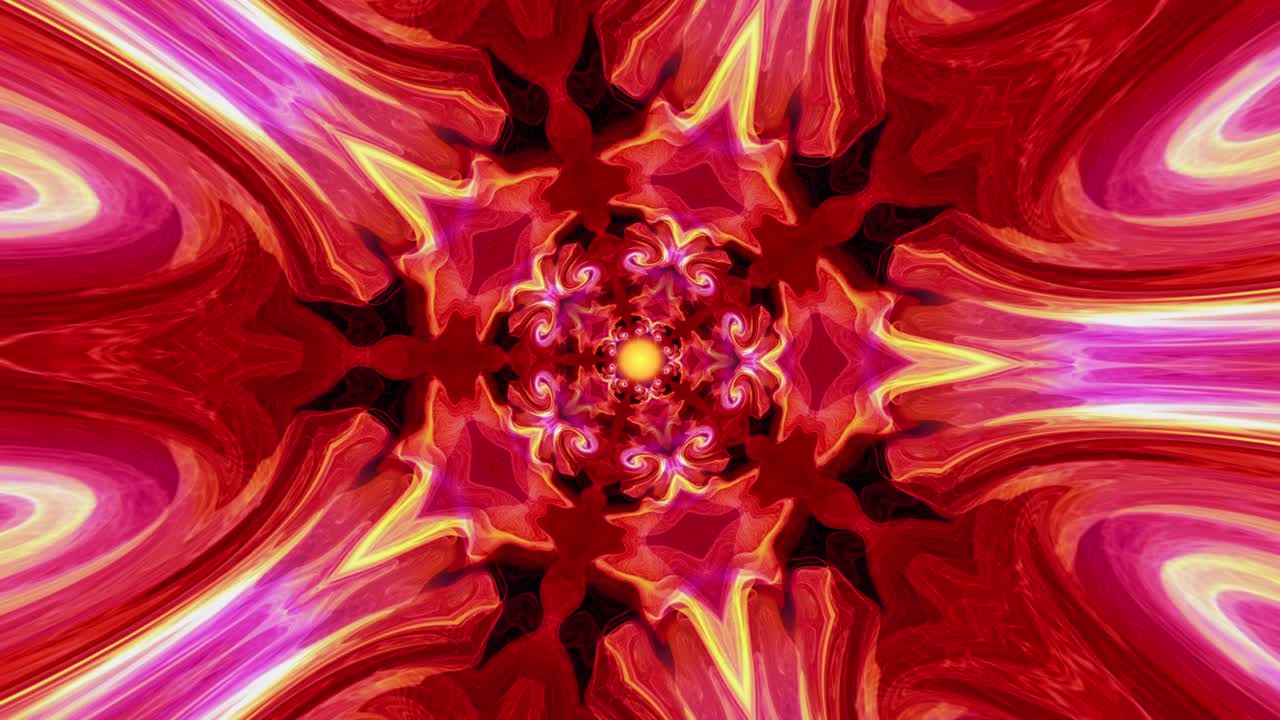 4k 3d bucle sin costuras rosa rojo naranja amarillo colorido patrón de forma geométrica caleidoscopio mandala fondo abstracto. bucle sin fin movimiento telón de fondo digital. animación ornamental caleidoscope.