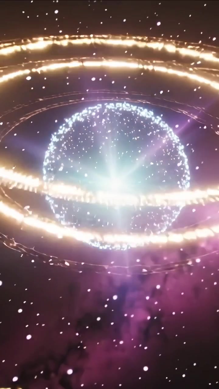 Vertical video: Opening centered glowing sphere pulsing while golden rings rotating, for emphasis