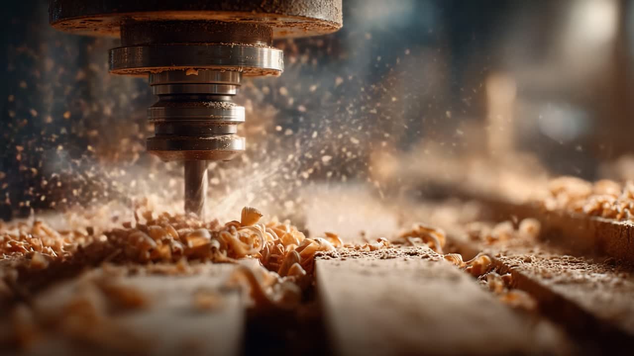 Precision Woodworking Techniques Illustrated Through a High-Detail Close-Up of a Milling Machine in Action Creating Wood Shavings