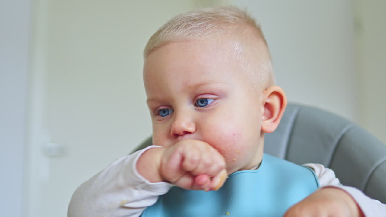 Menino fofo de um ano sentado em um cadeirão come sozinho. Utensílios de silicone para alimentação infantil. A criança aprende a comer sozinha.