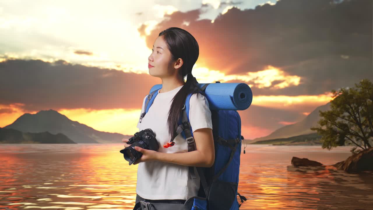 vista lateral de una excursionista asiática con una mochila de montañismo sonriendo y sosteniendo una cámara en sus manos luego mirando a su alrededor en un lago