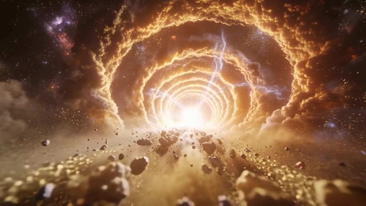 Portale impetuoso che trascina rocce e polvere attraverso un corridoio nello spazio profondo, con anelli che si stringono generando archi.