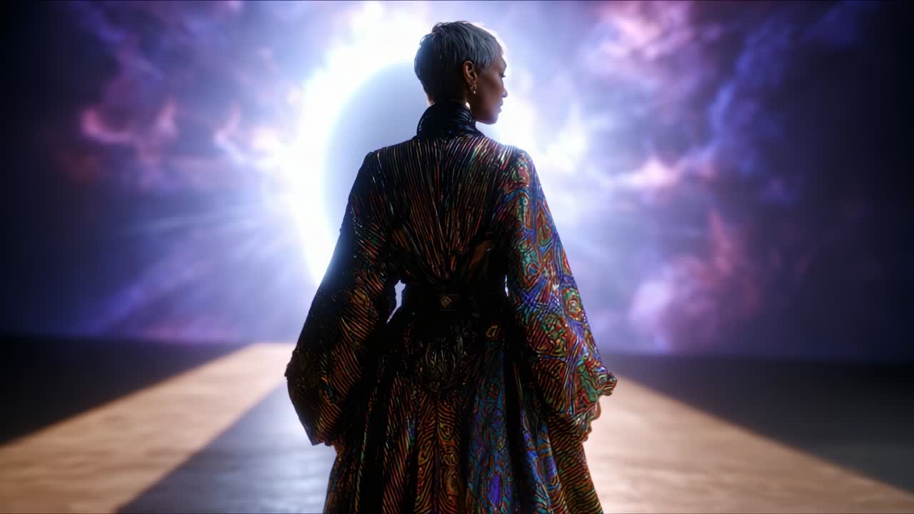 A Mysterious Figure Stands Before a Majestic Portal in an Ethereal Space, Enveloped in Stunning Colors and Shimmering Patterns, Capturing a Moment of Anticipation and Wonder