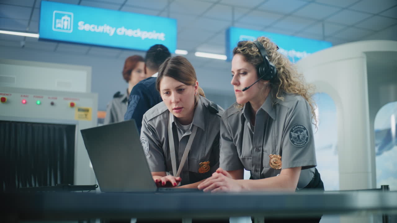 personal de seguridad del aeropuerto que trabaja en el puesto de control