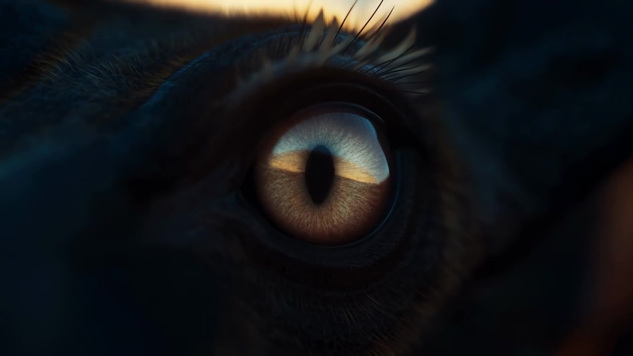 Primo piano estremo di un occhio di animale che mostra una pupilla a fessura verticale, una cornea lucida e un caldo riflesso del tramonto che cambia sulla superficie bagnata, con pelo corto, ciglia delicate e una morbida luce di contorno.