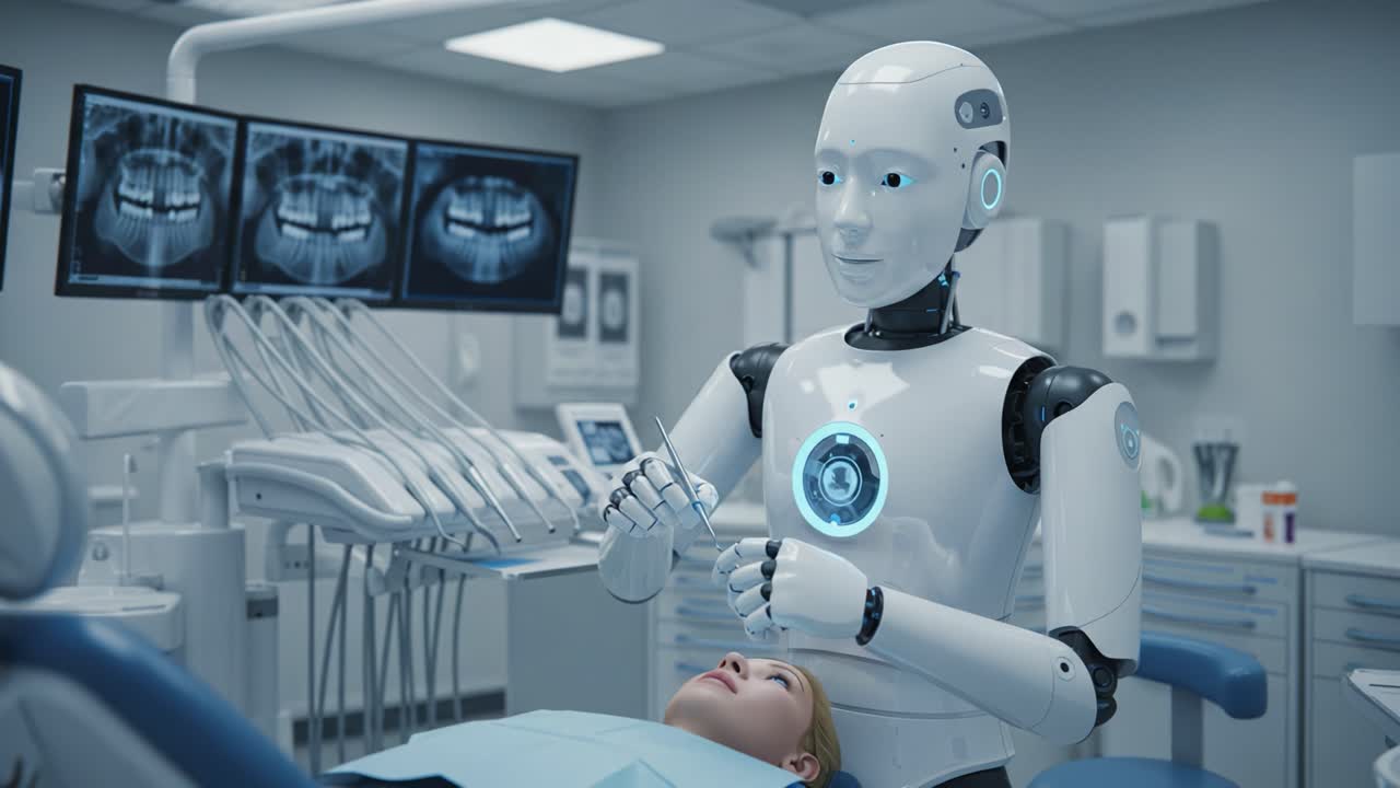 Advanced Robotic Dentist Assisting a Patient in Modern Dental Clinic, Showcasing Innovative Technology and Automation in Oral Healthcare Procedures