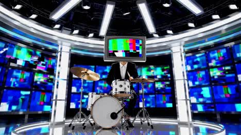 drummer with a tv head in a news studio