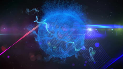 animation of purple globe over moving shapes on black background