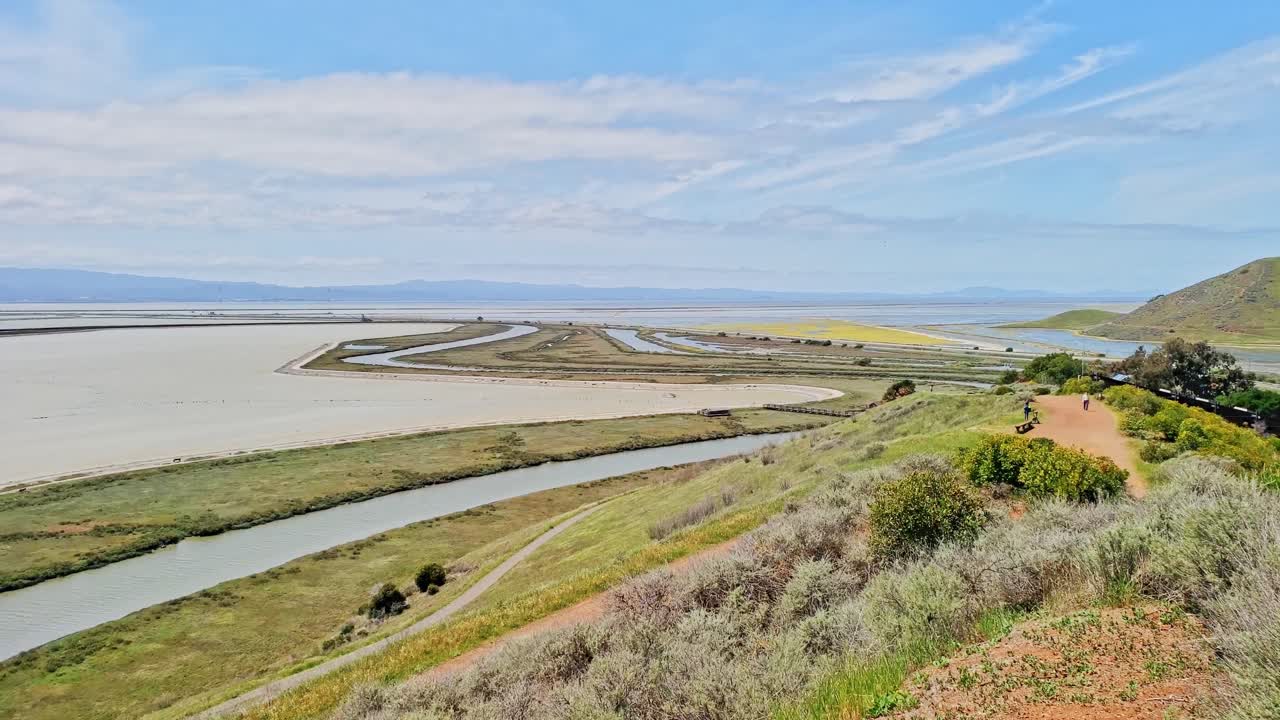 Panoramic view of the bay area Coyote hills regional park form a hill top view point,blue skies and some clouds