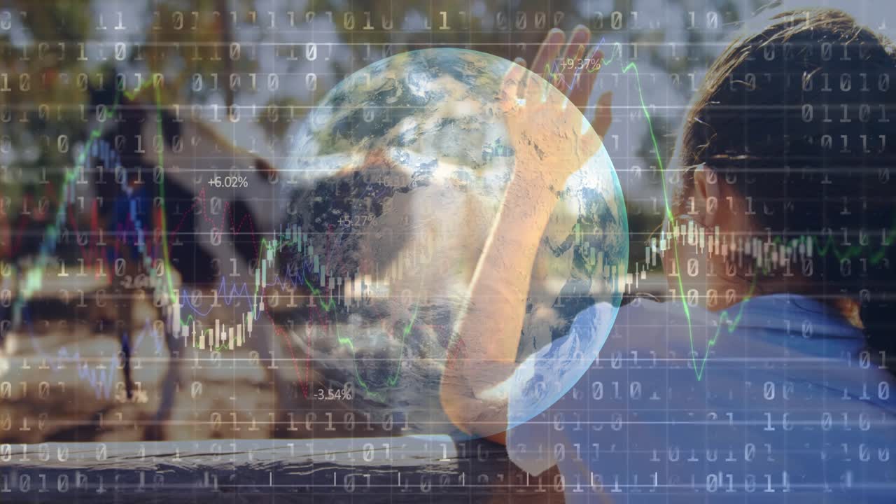 Girl waving at horse and rider in corral initiating Earth overlay binary code, rising finance chart