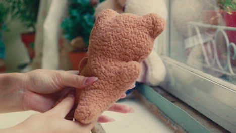 woman holding a teddy bear by a window