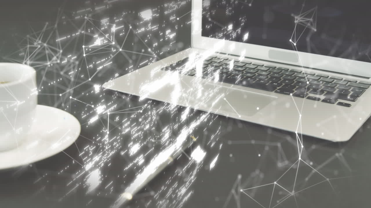 락 아이콘의 애니메이션과 노트북과 커피를 통해 연결된 네트워크