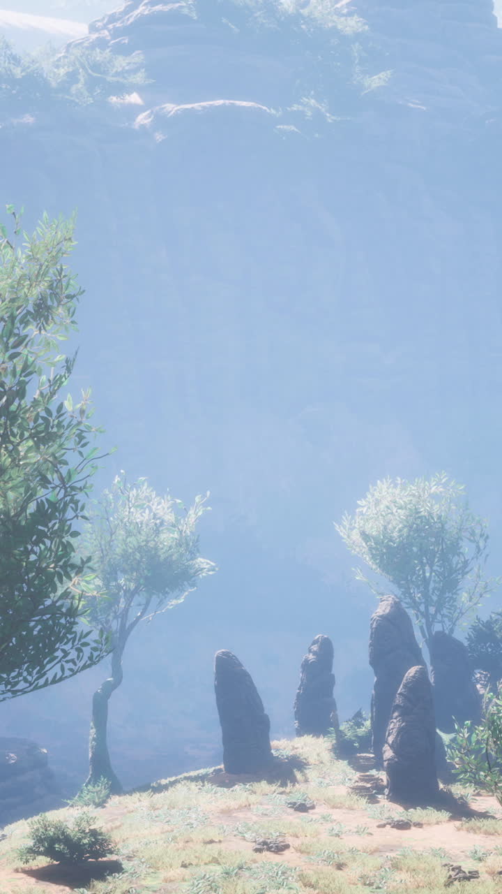 Mysterious stone formation surrounded by lush greenery in a misty landscape