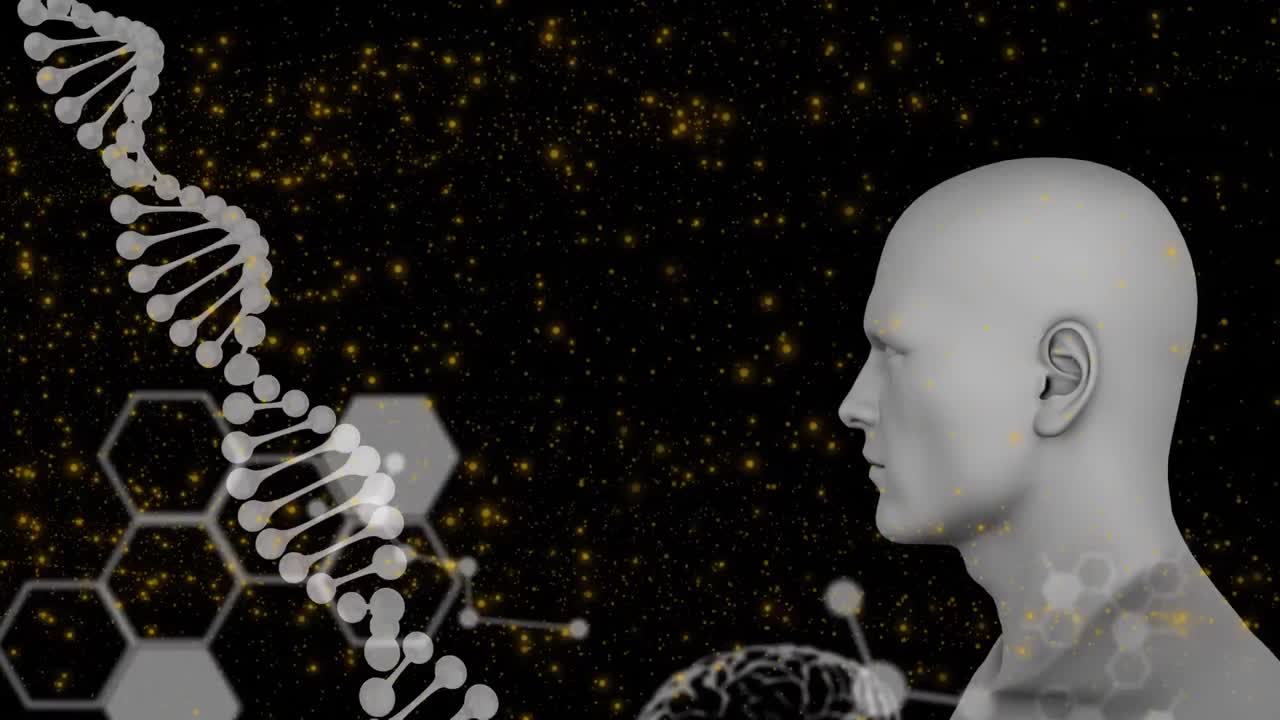 Animazione di filamento di DNA, testa umana su elaborazione dati su sfondo nero