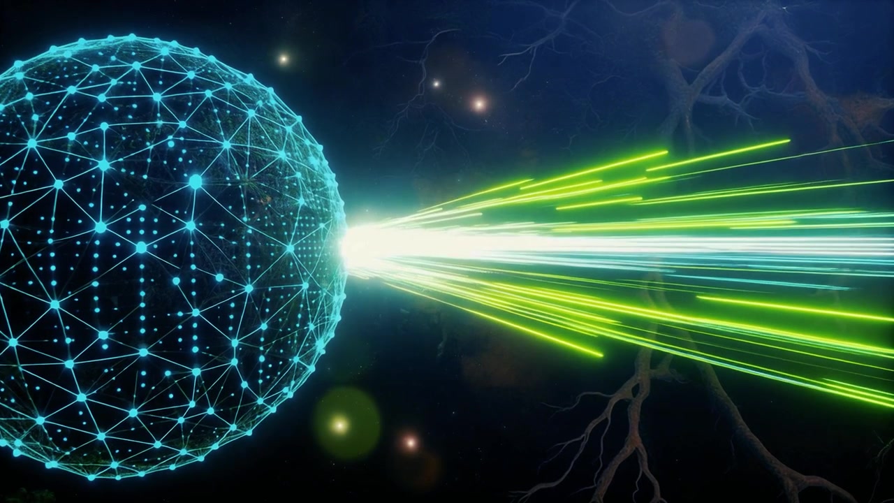 Glowing Digital Sphere Emitting Light Rays in Abstract Space