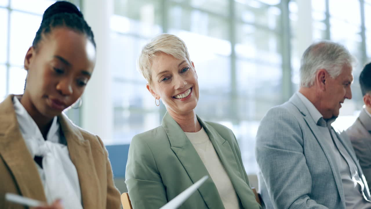 Face, recruitment and business people in waiting