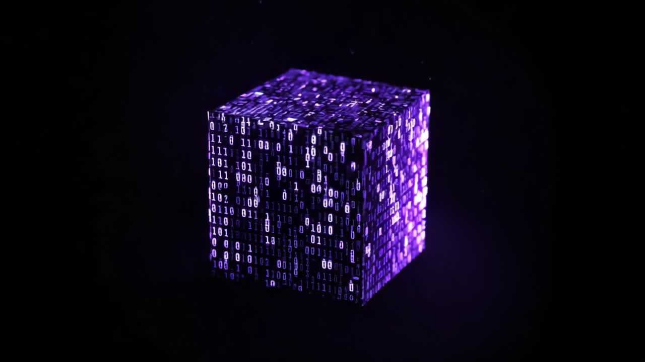 Purple three dimensional cube covered with flowing binary code rotating on a black background, representing concepts like data, technology, cryptography, and artificial intelligence