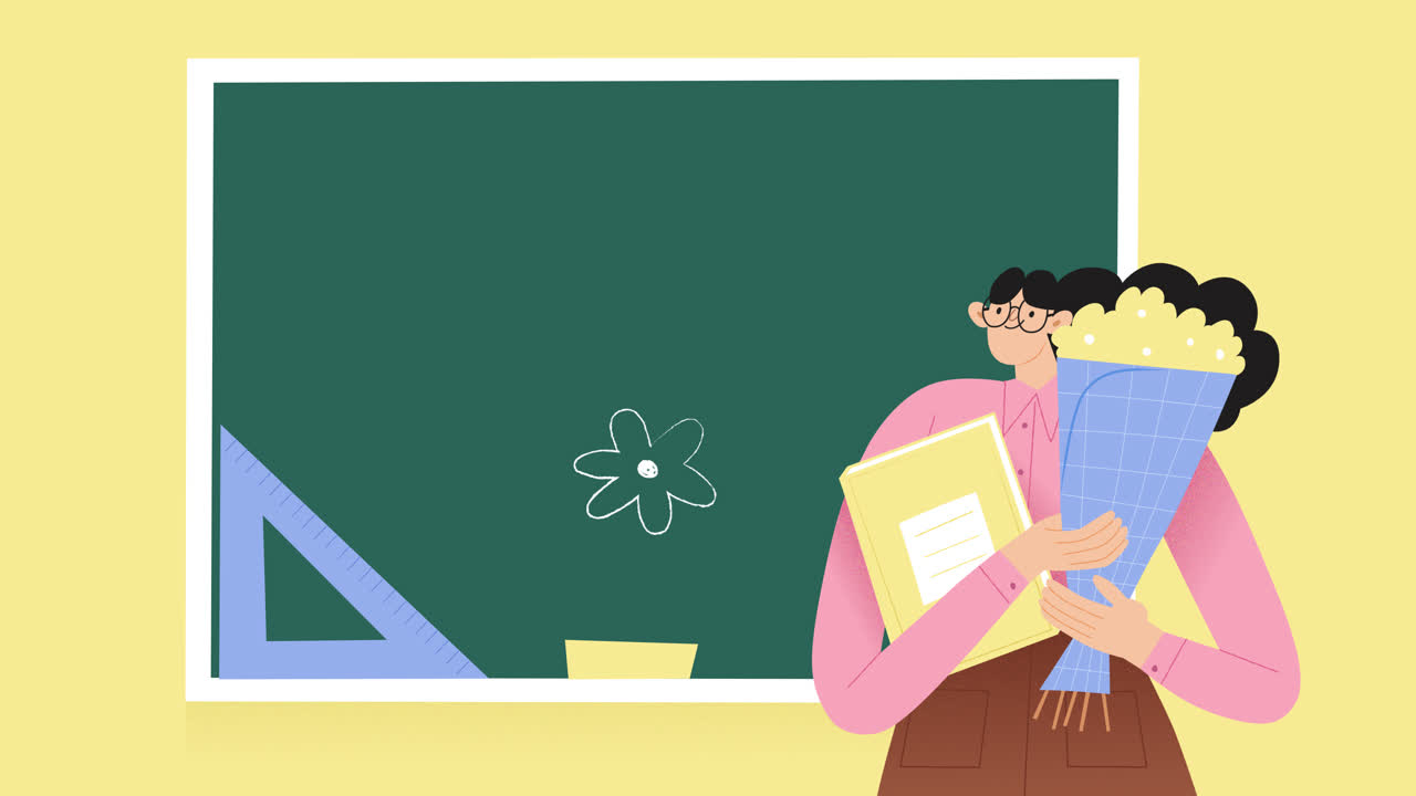 꽃과 학교 용품을 가진 교사