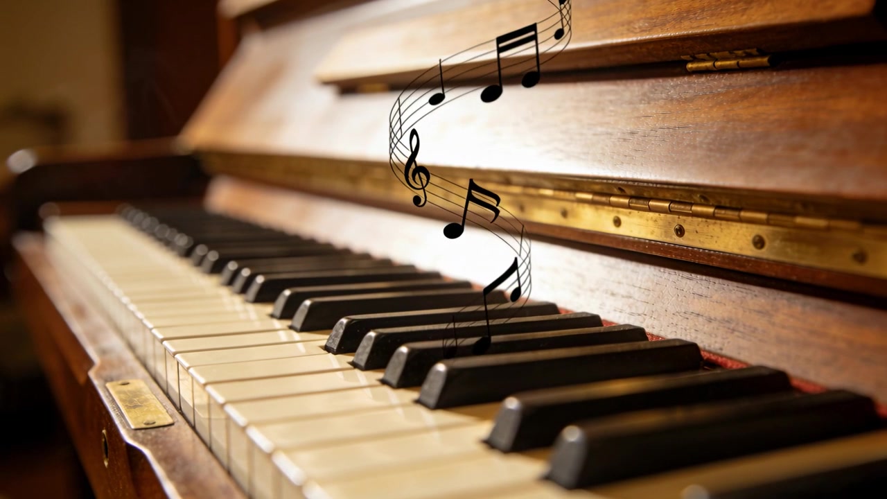 Pianoforte che mostra note in movimento che appaiono e salgono lungo un pannello di legno in una stanza calda, con una targa in ottone