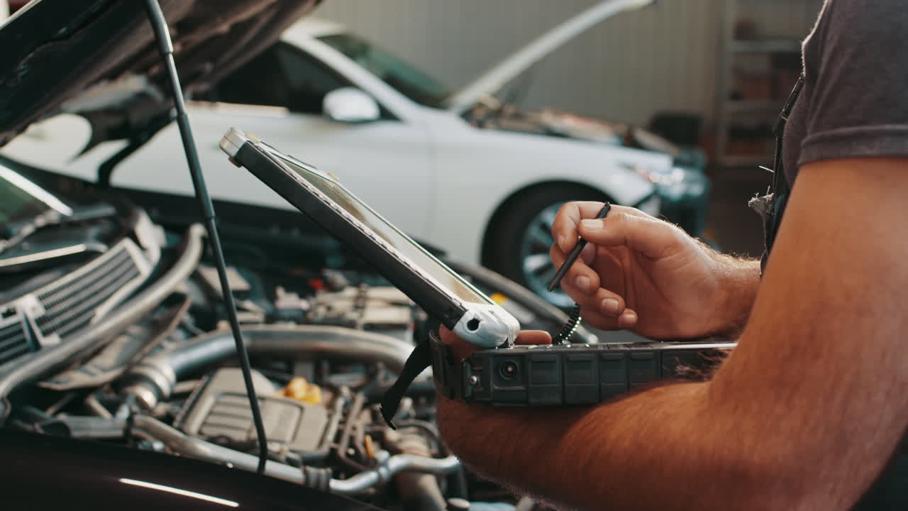 mecánico que utiliza una herramienta de diagnóstico en el motor del automóvil