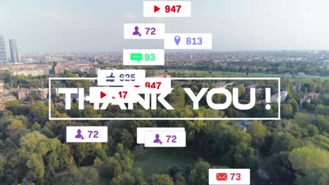 Animation-of-thank-you-text-and-numbers-growing-over-cityscape