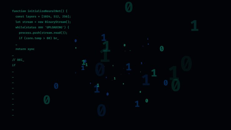 Programming Code and Floating Binary Numbers on Dark Background