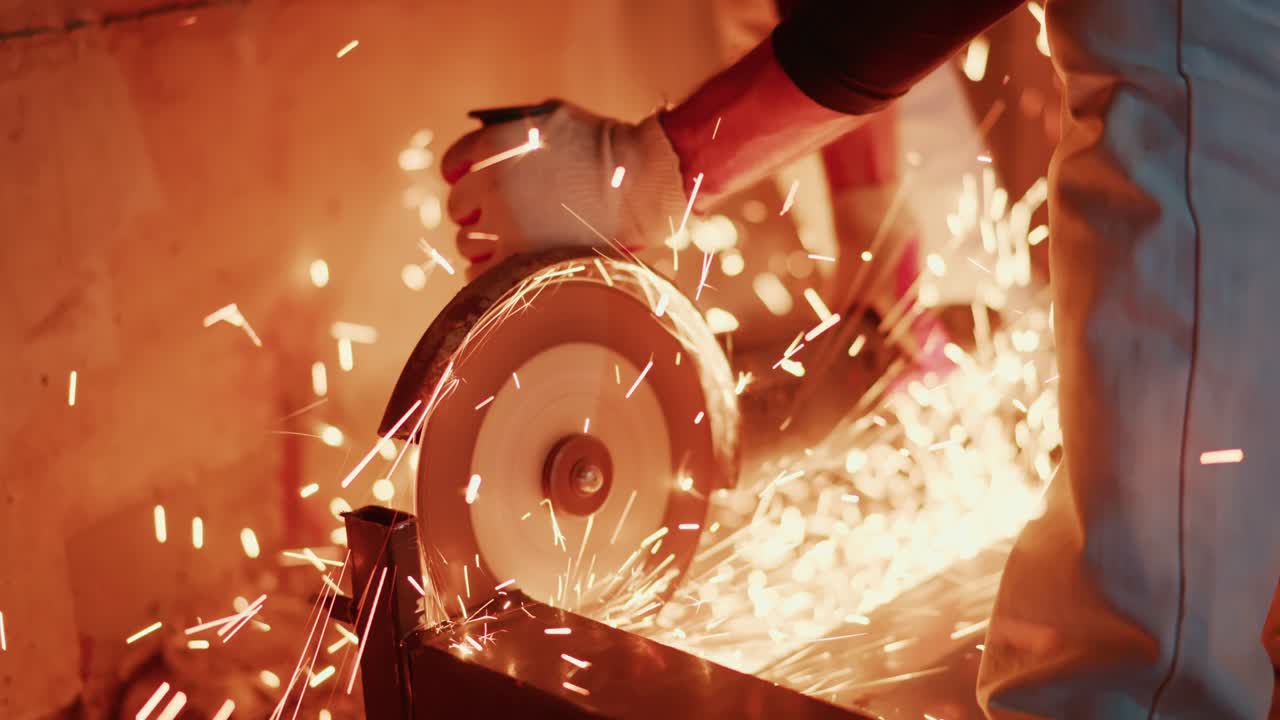 Operaio che Taglia il Metallo con una Smerigliatrice Angolare che Emette Scintille Luminose