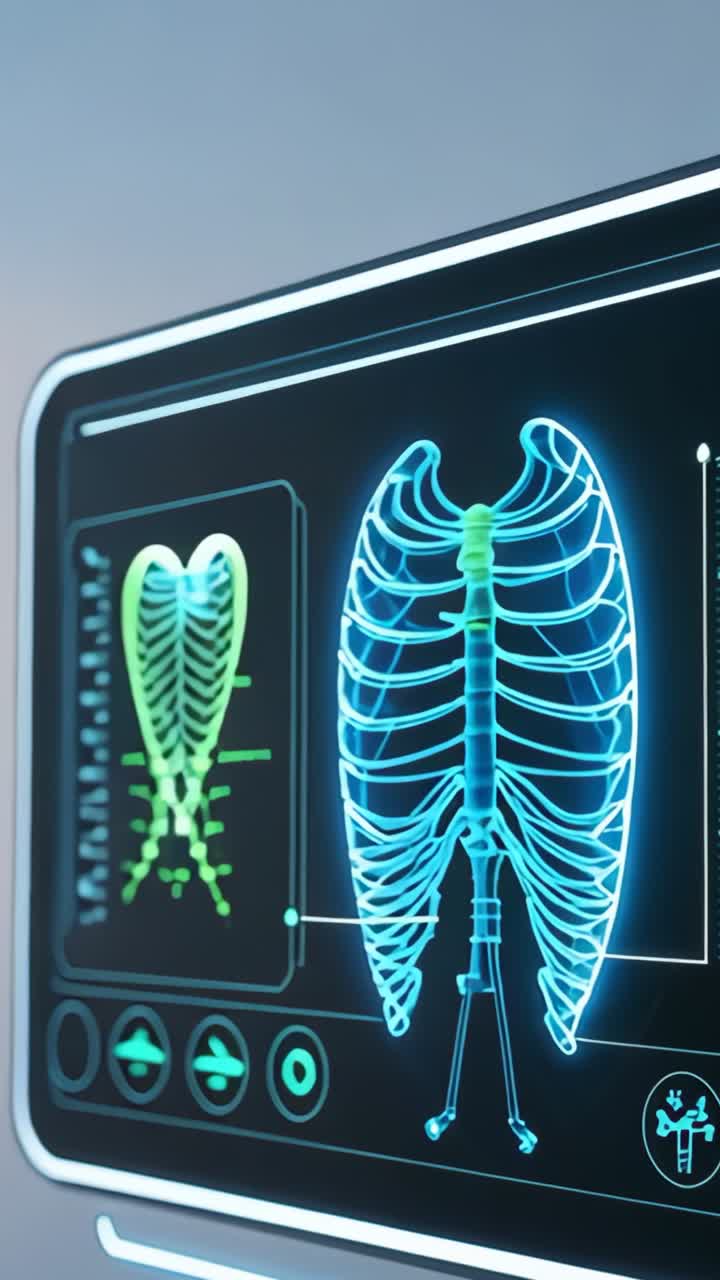 Vertical video: Panning medical monitor showing 3D rib cage, green inset and interface icons in lab
