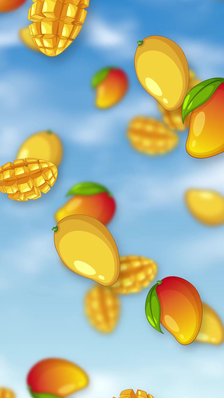 Manghi a cartone animato e fette di frutta cadono attraverso un cielo azzurro brillante con nuvole soffici