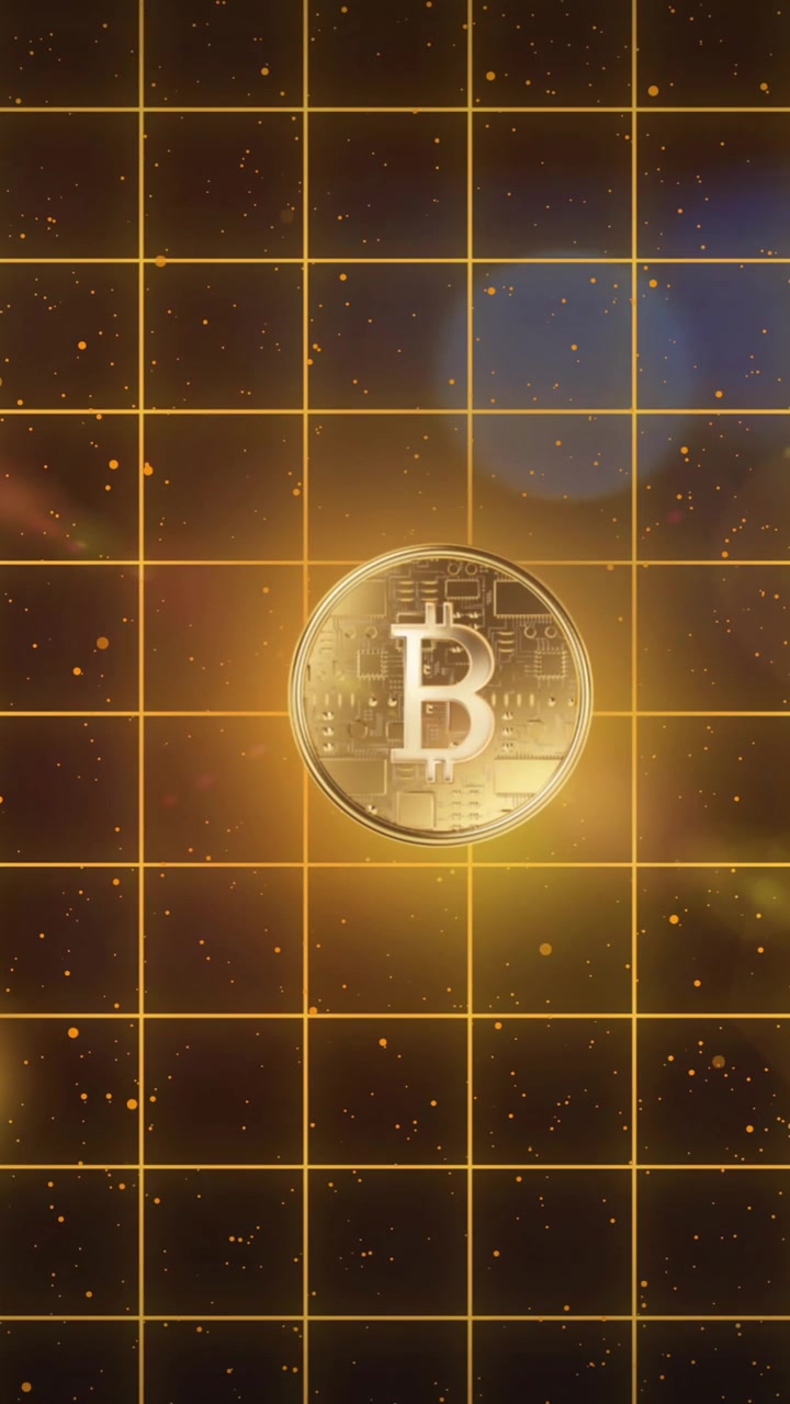 Animação de símbolos Bitcoin e grade sobre um fundo de espaço estrelado