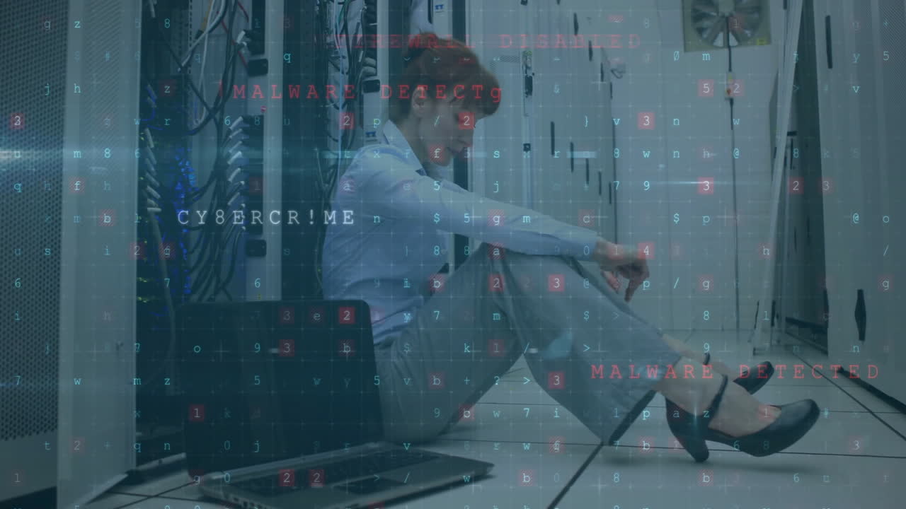 Animation of digital data processing over caucasian female it engineer by computer servers