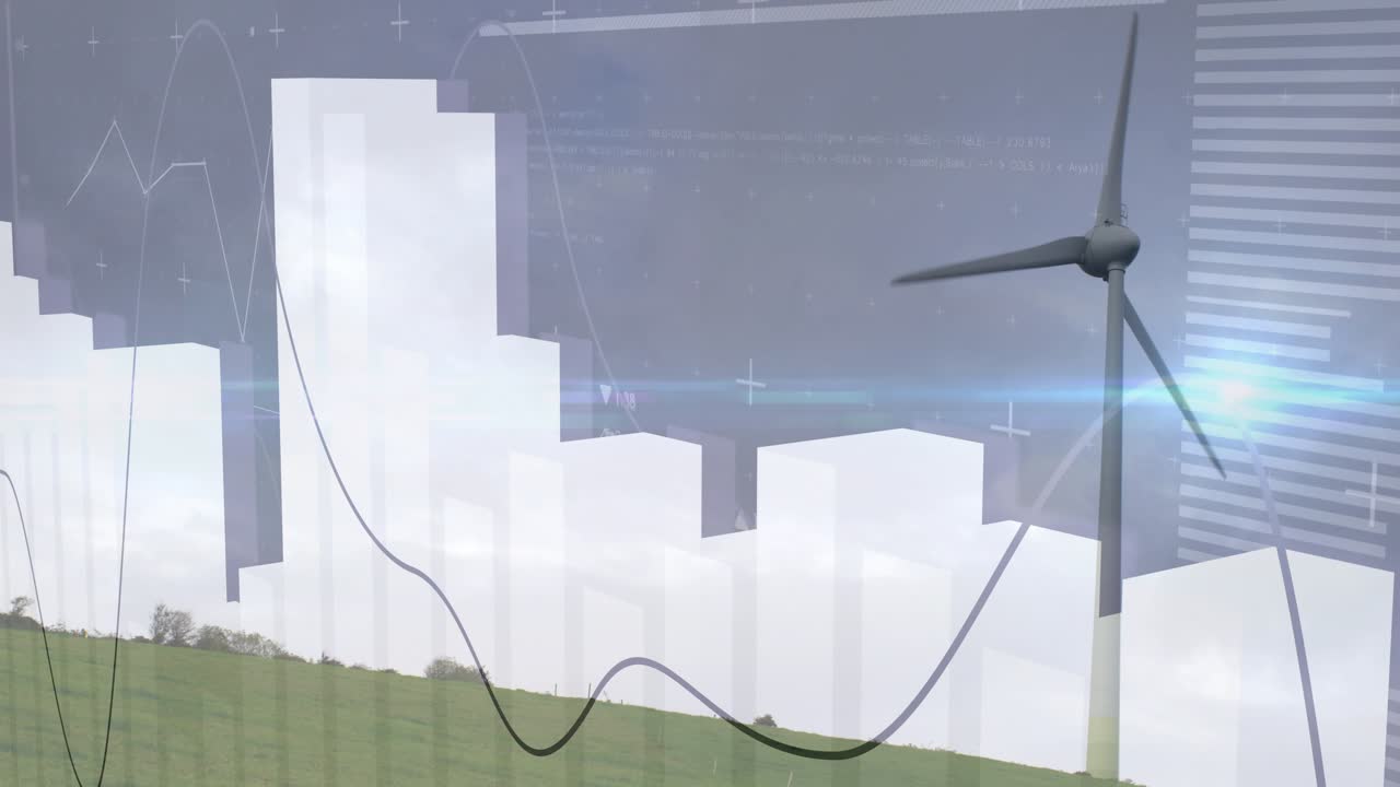 Frames moving, white bars forming block chart, blue flare sliding, turbine rotating, showing trend
