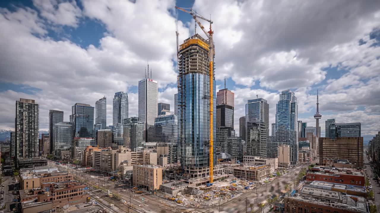 A Stunning View of Urban Development: Progression of a Tower Construction Amidst a Vibrant City Skyline Beneath Dramatic Cloudy Skies