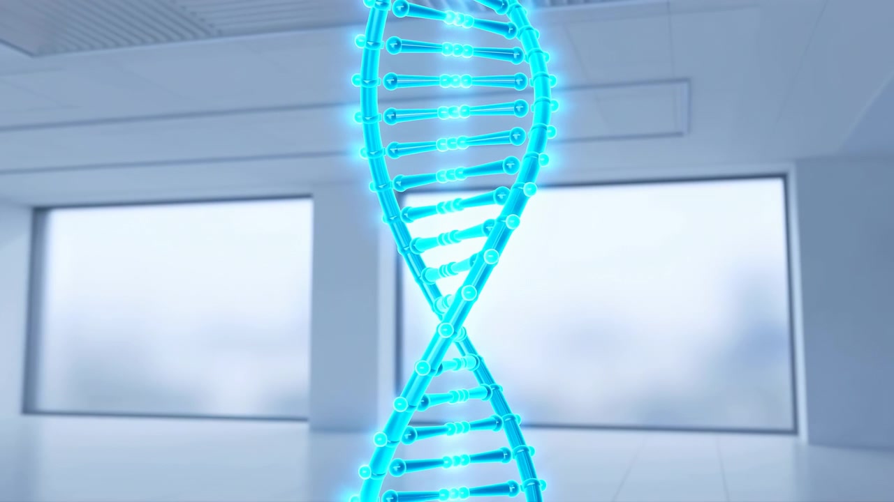 A bright turquoise DNA double helix glows in the foreground of a clean laboratory with frosted windows, cool lighting, and a reflective floor