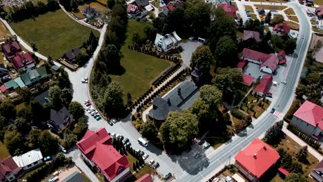 Aerial-shot-of-old-church-in-small-town