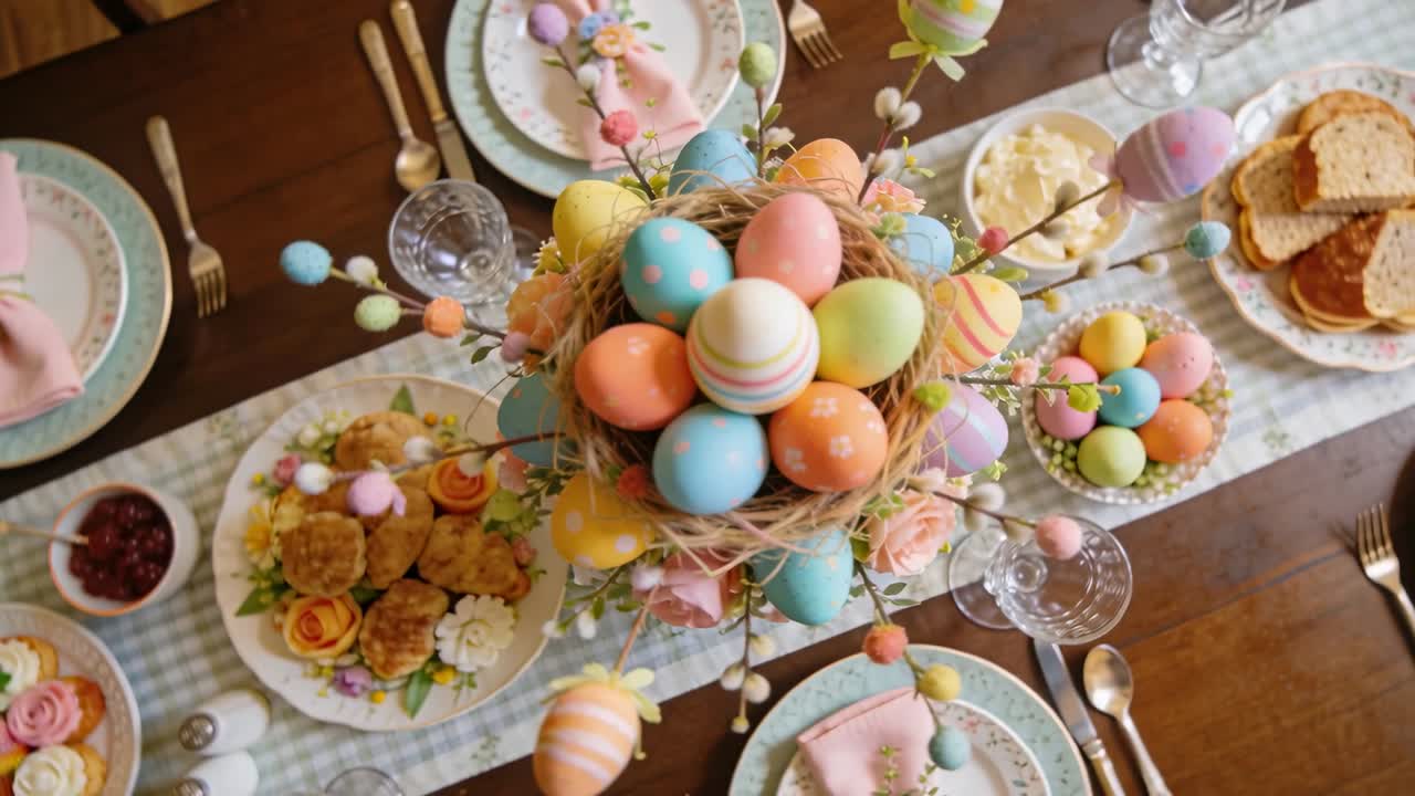 Moving camera approaching central nest on wooden table, showcasing pastel eggs and scones