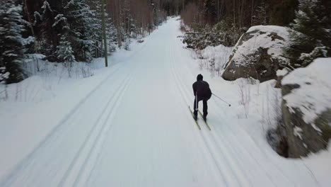 aerial, cinematic drone shot following a professional cross-country skier in high speed and low altitude