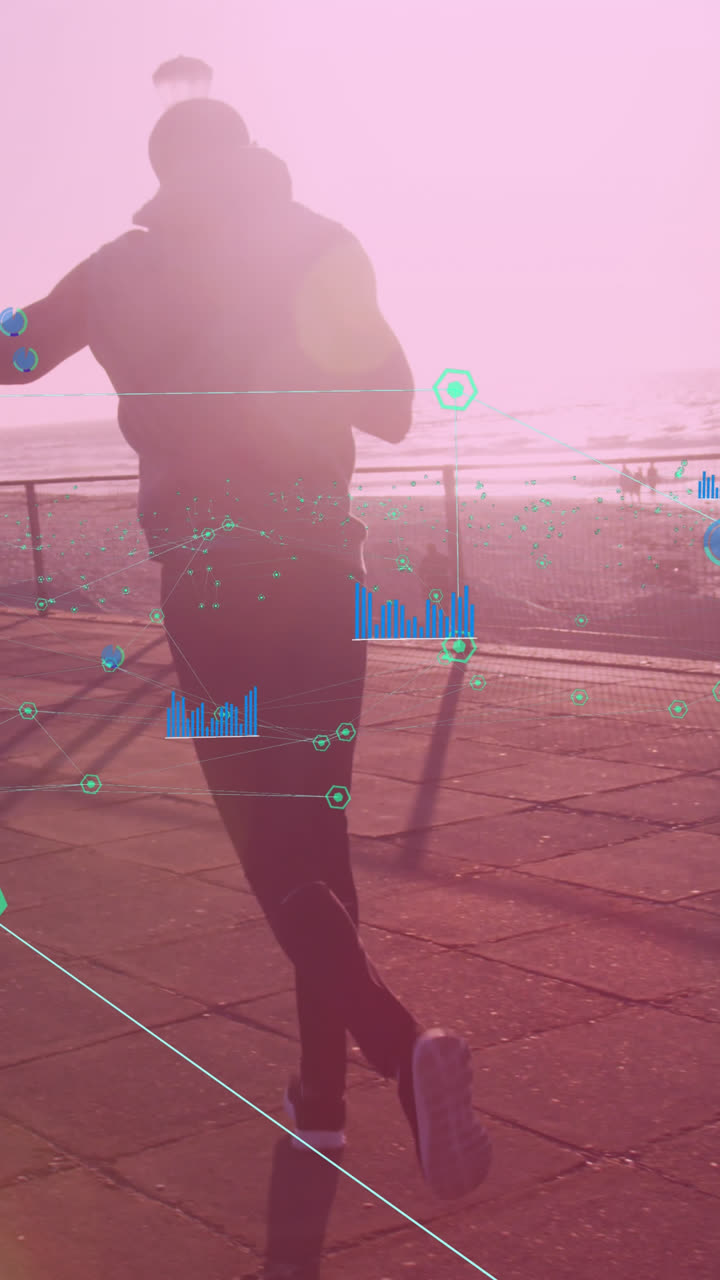 red de conexiones contra el boxeador afroamericano practicando boxeo caminando por el paseo marítimo