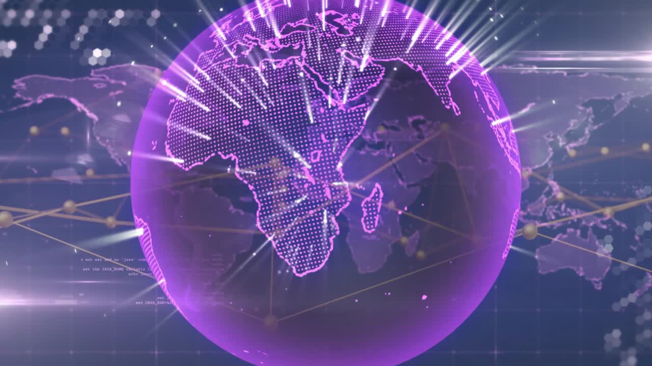 America outline appearing initiating sphere rotating then frame zooming nodes visualizing network