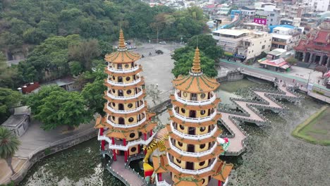 Anticlockwise-Circular-motion-View-of-Spectacular-Dragon-And-Tiger-Pagodas-Temple-With-Seven-Story-Tiered-Tower-Located-at-Lotus-Lake-at-Kaohsiung-City-Taiwan